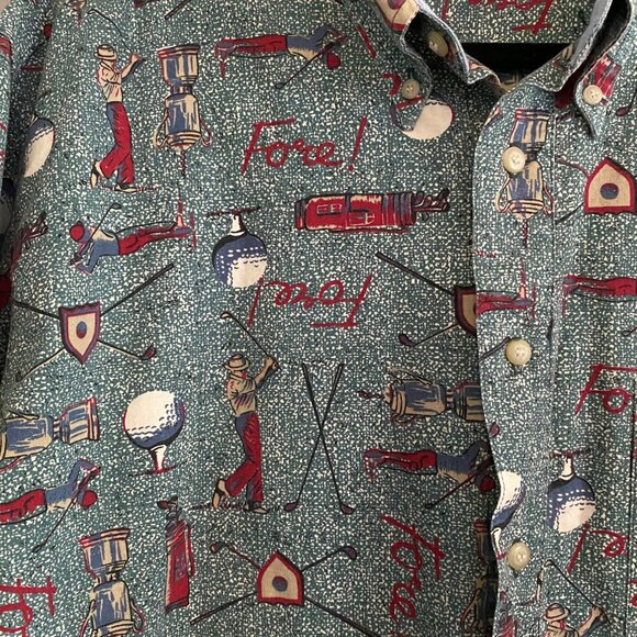 Vintage Bugle Boy Shirt Men’s Large Golf Button Up Fore! Golfer Club Tee Sports - Picture 3 of 6